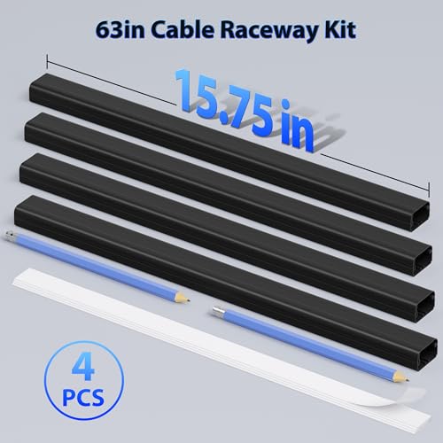 ZhiYo Large Capacity Wire Hiders for TV on Wall for 2-4 Cords, 63in (4xL15.8in) PVC Cable Cover with Adhesive Tape, Snap and Lock Design for Wall Mounted TV, Black Cord Covers for Wires on Wall - color: Black, size: W1.2in x H0.7in - L63in