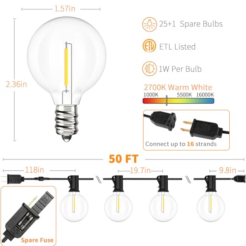 Svater Outdoor String Lights 50 FT, Patio LED Lights Outside with 26pcs Bulbs, Waterproof Shatterproof Hanging Globe Light Connectable for Bistro Cafe Backyard Balcony Warm White - size: 50ft