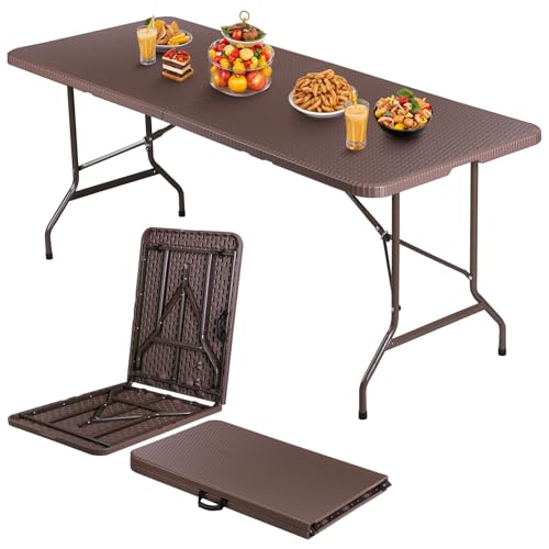 JupiterForce 6ft Plastic Folding Table, Indoor Outdoor Portable Heavy Duty Foldable Camping Table, Fold-in-Half Utility Table Dining Picnic Table for Party Wedding Event, Brown - color: Brown, size: 6FT