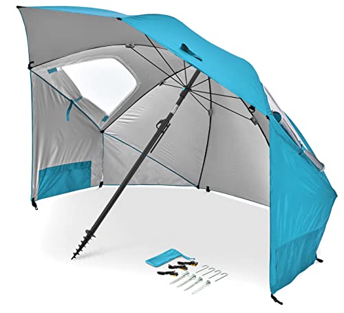 Sport-Brella Premiere UPF 50+ Umbrella Shelter with Patented Side Panels and Tilt Mechanism, Heavy-Duty 1.25 Inch Center Pole, Auger Anchor for Sand and Grass - color: Aqua, style: REG