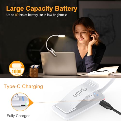 Gritin 9 LED Rechargeable Book Light for Reading in Bed -Eye Caring 3 Color Temperatures,Stepless Dimming Brightness,80 Hrs Runtime Small Lightweight Clip On Book Reading Light for Studying-White - color: ‎White
