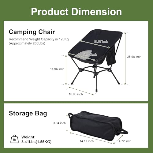 Camping Chair Portable Lightweight Camping Chairs for Adults Foldable 600D Oxford Ultralight Backpacking Chair with Breathable Mesh and Pocket for Outdoor Travel Hiking, Black - color: Black