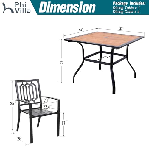 PHI VILLA 5 Piece Outdoor Dining Set for 4, 37" Square Metal Table with Polywood Top & Stacking Wrought Iron Chairs, Outside Furniture for Patio, Deck, Yard, Porch - color: Hexagon Back Chair, size: 5PCS-37" Wood Top Table