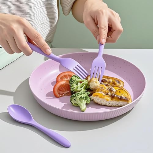 Travel Utensils Set - Reusable 5 Sets Wheat Straw Plastic Cutlery with Case , Portable Forks Spoons and Knives Set , Eco-Friendly BPA Free for Daily Use (Grey,Red,Purple,2 Black) - color: Grey,Red,Purple,2 Black