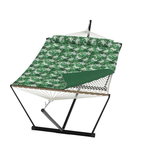 Garvee 2 Person Portable Double Hammock for Outdoor with Pillow, Heavy Duty Portable Hammock with Adjustable Steel Stand for Patio, Garden, Beach, Backyard - color: Green Banana Leaf Color, size: T-shaped Bracket