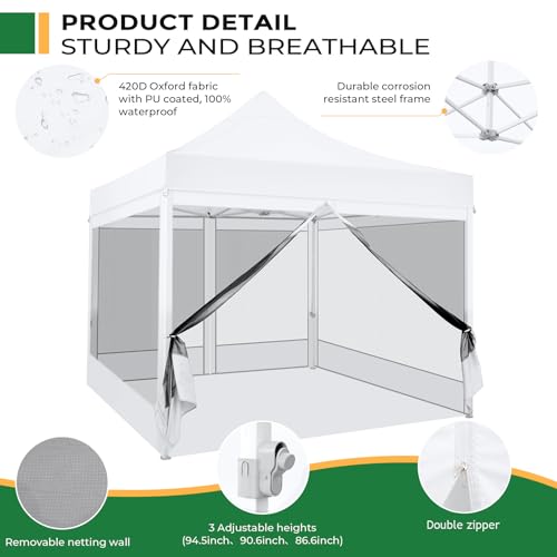 COBIZI 10x10 Heavy Duty Pop Up Canopy Tent with 4 Sidewalls, Commercial Gazebo Party Tent with Mosquito Netting Wall Easy Set Up Outdoor Instant Screen Canopy for Backyard, Patio, Garden, White - color: White, size: 10x10