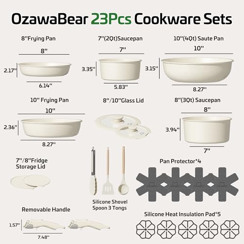 23 Pcs Pots and Pans Set Non Stick, Ceramic Cookware Set Non Toxic with Detachable Handles, Healthy Induction Cookware Oven Safe RV Kitchen Set, PFAS PFOA & PTFE Free, Cream White - size: 23pcs
