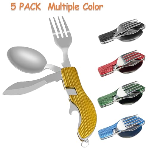 5 Pack Camping Utensils, 4-in-1 Portable Stainless Steel Cutlery with Fork, Spoon, Knife, and Bottle Opener - Lightweight, Detachable, and Durable Camping Silverware for Outdoor Events and Adventures - color: 5 Sets - Red, Yellow,Blue, Green, Black