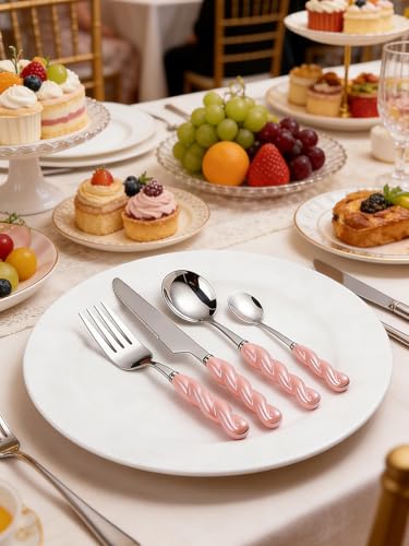Stainless Steel Flatware Set, 4-Piece Heavy Duty Cutlery Set with Dinner Knife, Fork & Spoons, Tableware Gift for Daily Use Wedding Housewarming Baby Shower Birthday Gifts(Pink) - color: Pink