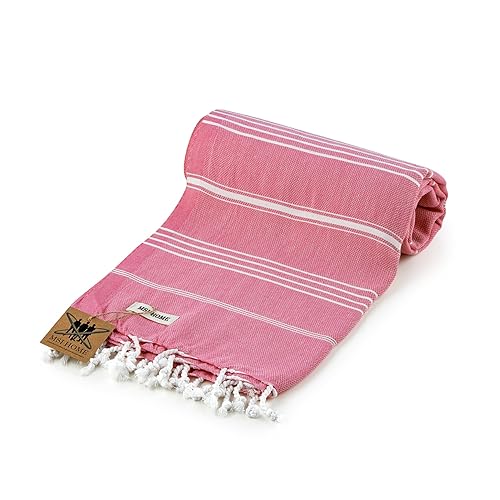 100% Organic Turkish Cotton Beach and Bath Towel, Peshtemal Towel Blanket, Quick Dry Sand Free, Oversized Light Compact, Diamond Weave, Prewashed, 71 x 39 Inches (Pink) - color: Pink