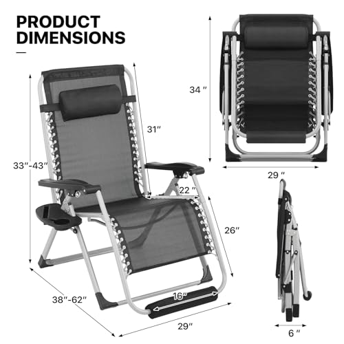 MoNiBloom 29-Inch Oversized Zero Gravity Lounge Chair with Cushion, Padded Patio Anti Gravity Recliner, XL Foldable Outdoor Lounger, Headrest and Footrest for Beach Camping, Black - color: Black, size: 29-Inch with Footrest 1-Pack