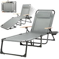 Outdoor Chaise Lounge Chair with 4-Position Adjustable Backrest, Patio Folding Sun Tanning Chair, Pillow & Cup Holder, Portable Recliner Sunbathing Lounger Chairs for Pool Beach Lawn Garden (Grey) - color: Grey