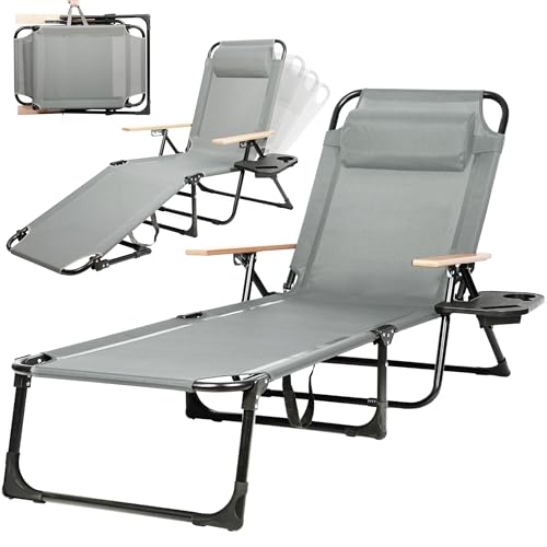 Outdoor Chaise Lounge Chair with 4-Position Adjustable Backrest, Patio Folding Sun Tanning Chair, Pillow & Cup Holder, Portable Recliner Sunbathing Lounger Chairs for Pool Beach Lawn Garden (Grey) - color: Grey