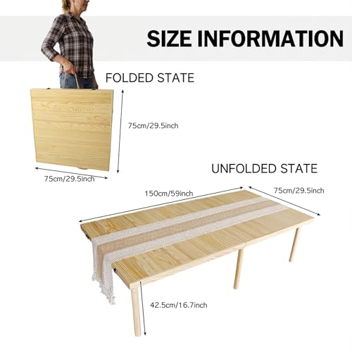 Amdermi Folding Picnic Table with Table Runner, Portable Boho Low Picnic Table for Indoor Outdoor, 60" x 30" Wooden Table for Camping, Wedding, Beach, Garden, Party(Large Size for 6-8)