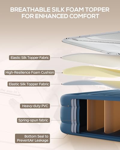 20” Tall Luxury Air Mattress with Quilted Foam Topper, Extra Firm Support with U-shaped PVC strap Inflatable Bed, Quiet & Comfortable Blow Up Bed for Home Guests, Camping, Travel, Fast Inflate AirBed