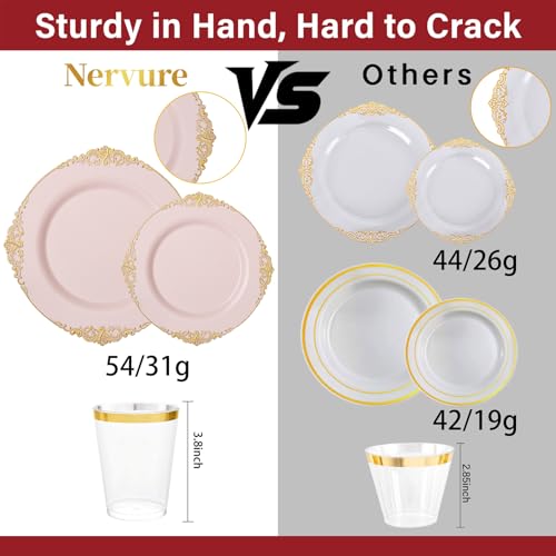 Nervure 350PCS Pink Plastic Plates - Pink Plastic Dinnerware Sets for 50 Guests - 100 Disposable Plates, 150 Gold Silverware, 50 Cups, 50 Napkins Perfect for Wedding & Party & Mothers Day - color: Pink