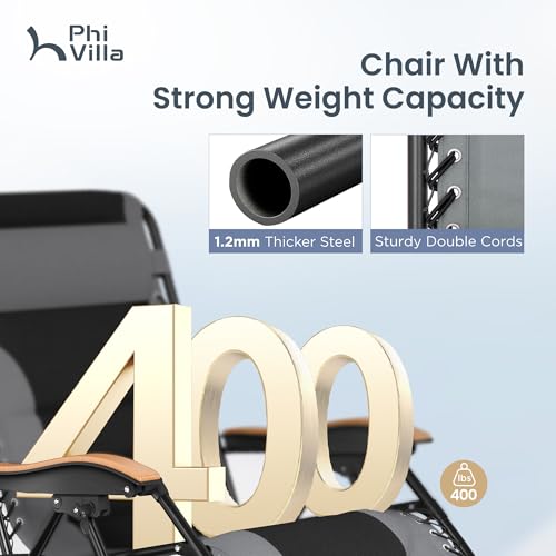 PHI VILLA XXL Oversized Padded Zero Gravity Chair Set of 2, Foldable Patio Recliner, 30" Wide Seat Anti Gravity Lounger with Armrest and Cup Holder, Support 400 LBS (Grey) - color: Grey, style: 2 Pcs