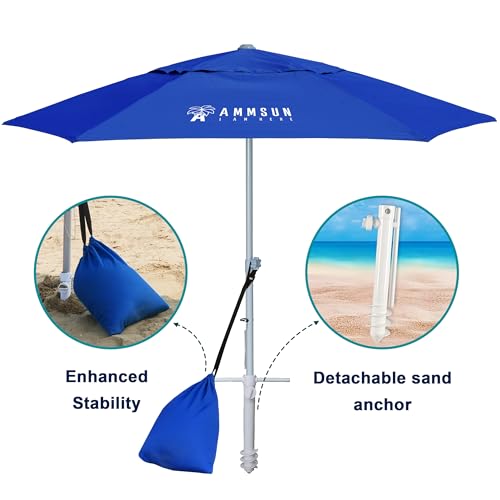 AMMSUN 8ft Large Beach Umbrellas for Sand Heavy Huty Wind Portable Commercial Grade Patio Beach Umbrella with Sand Anchor Adjustable Height Air Vent UPF 50+ Telescoping Pole without tilt Dark Blue - color: Dark Blue
