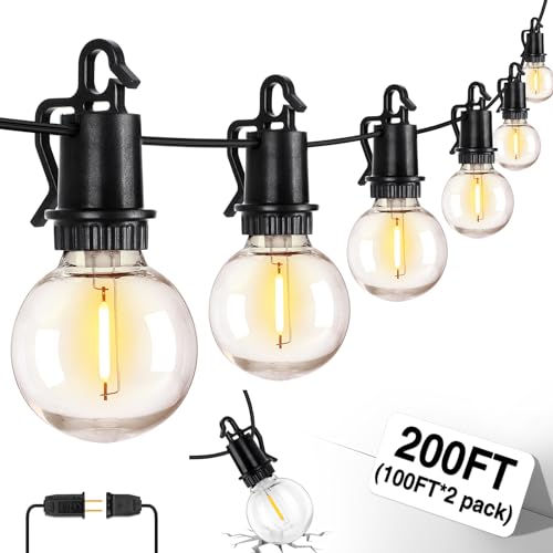 ZJOJO 200FT Outdoor String Lights, G40 Globe Outdoor Lights with 100 Shatterproof LED Bulbs (6 Spare), 2700K Hanging Waterproof Patio Light, Connectable String Lights for Outside Backyard Porch Party - size: 100ft*2
