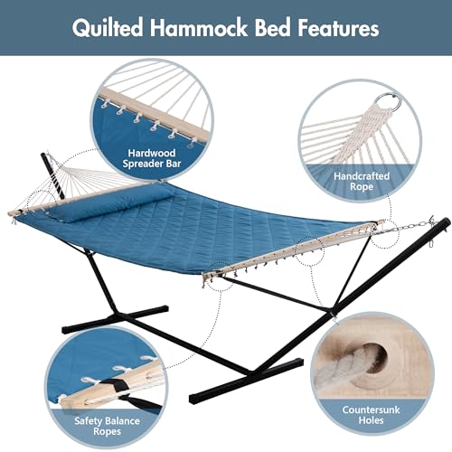 ANOW Double Hammock with 12 Feet Heavy Duty Steel Stand Combo, 2 Person Quilted Hammock with Stand for Outside, 450 LBS Weight Capacity, Blue - color: Blue, size: 2 Person With Stand