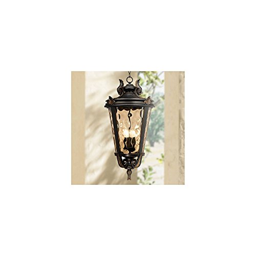 John Timberland Casa Marseille European Outdoor Ceiling Light Hanging Veranda Bronze Brown 30" Champagne Hammered Glass Damp Rated for Exterior House Porch Patio Outside Deck Front Door Home - color: Bronze, size: 30" High