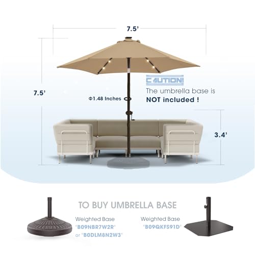 wikiwiki 7.5FT Solar Led Patio Umbrella, Sturdy Outdoor Market Umbrella for Deck, Pool, Garden w/Tilt, Crank, 18 LED Lights, Tan - color: Tan, size: 7.5ft
