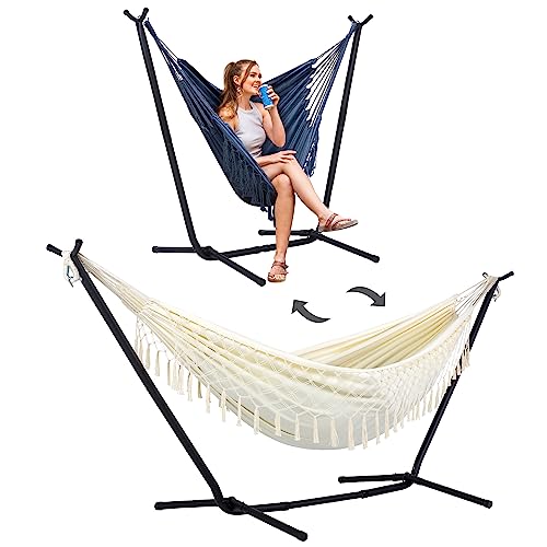 SUNCREAT 2-in-1 Convertible Portable Double Hammock with Stand Included, Outdoor Hammock and Stand, Patented, Natural Tassel - color: A-natural Tassel