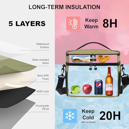 EVERFUN Small Compact Cooler Bag 24/48 Can Insulated Lunch Box Double Deck Soft Leak-Proof Waterproof Collapsible Ice Chest for Men Women Work Travel Car Trip Picnic Beach - color: Green Moss, size: Medium