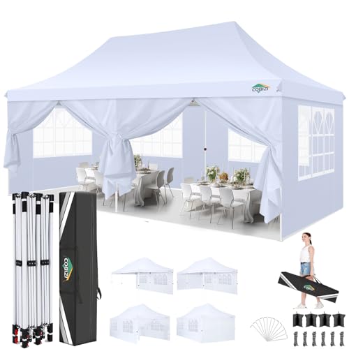 COBIZI 10x20 Pop Up Canopy with 6 Sidewalls, Conical Party Tent 10x20 with 3 Adjustable Height Waterproof, UV-Resistant with Carry Bag, Sandbag, Stake, Tents for Parties, Commercial (Frame Upgraded) - color: White, size: 10x20FT
