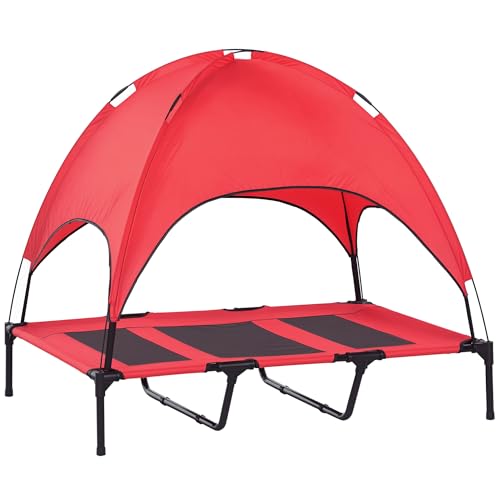 PawHut Elevated Dog Bed with Removable Canopy, Outdoor Dog Cot with UV Protection Canopy Shade, 48 inch Large Pet Bed for Camping, Red - color: Red, size: 48 inch