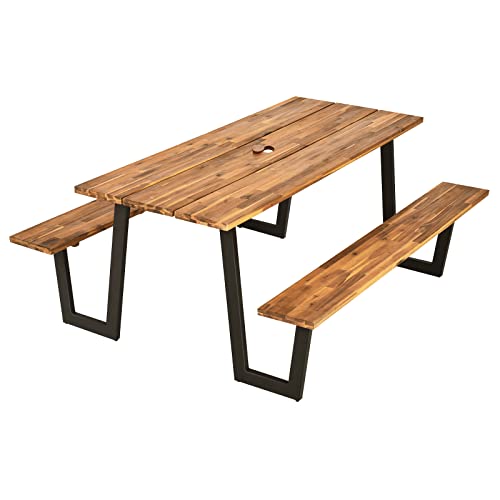 S AFSTAR 70" Outdoor Picnic Table, Heavy Duty Wooden Table and Bench Set with Umbrella Hole, All-Weather Acacia Wood Picnic Tables for 6, Garden, Backyard, Porch, Patio - size: Without Umbrella