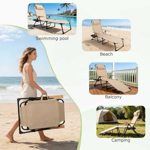 Foldable Chaise Lounge Chair Outdoor, Tanning Chair with 4-Position Reclining Back, Folding Sun Lounger, Outdoor Lounge Chair for Beach, Poolside, Backyard, Camping, UPF 50+, 300 LBS - color: Beige