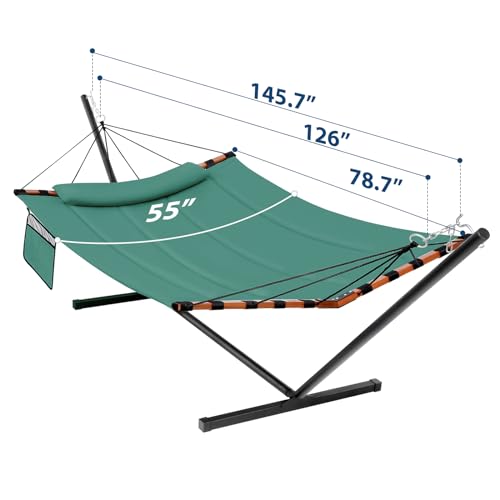 TegerDeger 12FT 2 Person Hammock with Stand Included 55 x 79IN Large Hammock 450LB Capacity with Hardwood Spreader Bar & Nylon Rope for Outside, Patio, Garden, Backyard, Beach - Deep Lake Blue 2 - color: Lake Blue