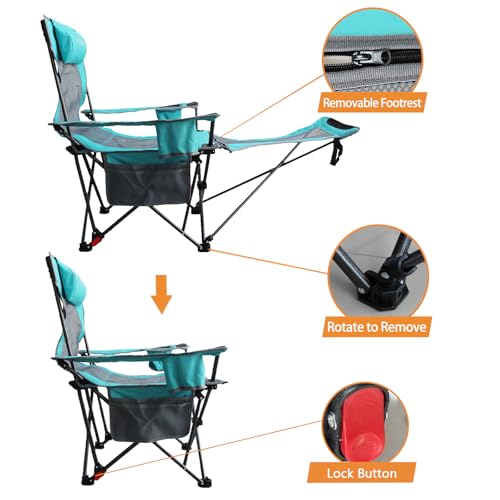 Reclining Camping Chair with Removable Footrest Lounge Chair with Headrest, Cotton Cushion, Portable Adjustable Folding Chairs - color: Cyan, size: 1 pack