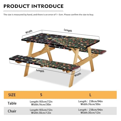 Christmas Tree Elastic Picnic Table Cover with Bench Covers Colored Lights Xmas Decoration Camping Table Cloth for Picnic Table 3 PCS Set Size S/L - color: Christmas Tree Colored Lights Decoration, size: Small