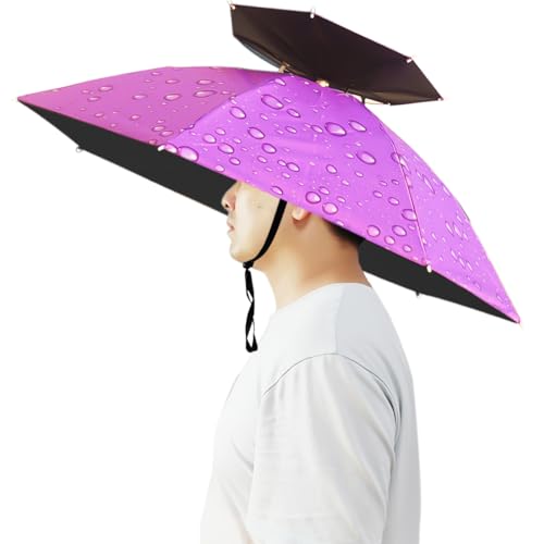 Umbrella Hat, 37 inch Fishing Umbrella Hat Hands Free Foldable UV Protection Umbrella Cap Adjustable Headwear for Fishing Golf Camping Beach Gardening Sunshade Outdoor - color: Purple