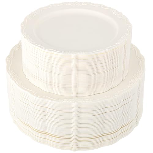 U-QE 100 Pieces Ivory Plastic Plates for Party - Ivory Disposable Plastic Plates - Heavy Duty Disposable Platos Including 50 Dinner 10 '' & 50 Dessert 7.5 '' for Weddings - color: Ivory