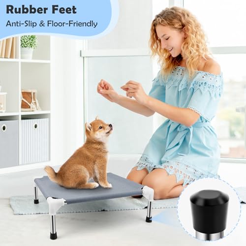 Elevated Dog Bed for Small Dogs, Outdoor Cooling Dog Bed Cot for Small Pets, Indoor Detachable Raised Dog Bed with Non-Slip Feet, Double Layer Polyester Cotton (20" L x 20" W x 6.5" Th) - color: Grey-S