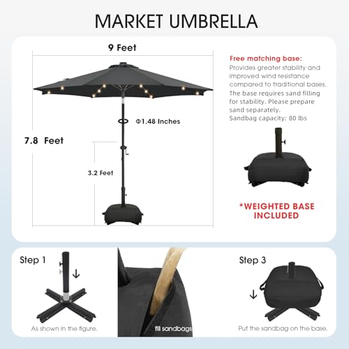 wikiwiki 9FT Solar Led Patio Umbrella with Base Included, 32 LED Lights, 8 Sturdy Ribs, Fade Resistant Waterproof POLYESTER DTY Canopy for Garden, Lawn, Deck, Backyard & Pool, Dark Gray - color: Dark Gray, size: 9FT