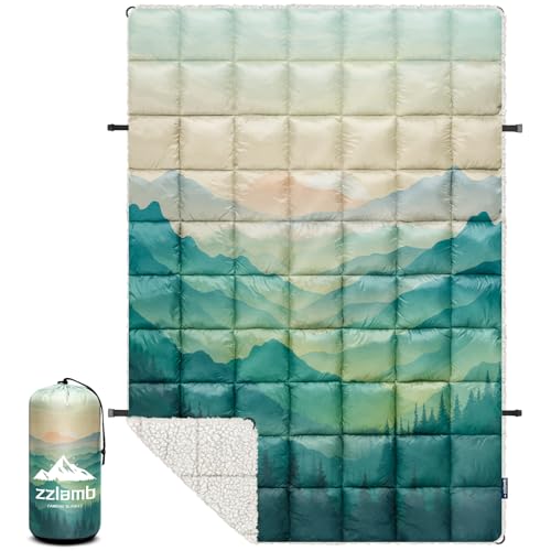 zzlamb Outdoor Camping Blanket with Sherpa Lining,Puffy Thick Camp Quilt for Sleeping,Packable Warm Wearable Fleece Blankets for Cold Weather,Traveling,Backpacking,Picnics,Beach,Stadium 52x75in - color: Awakening Forest