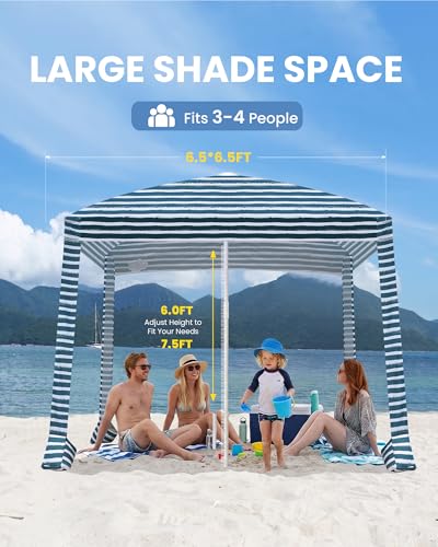 Qipi Beach Cabanas for Sand, Beach Canopy with Sandbags & Side Wall for Family, Easy Set Up Sun Shelter, UPF 50+ UV Protection with Roof Vent - color: 6.5' x 6.5' Sailor Stripes Dual-Fold