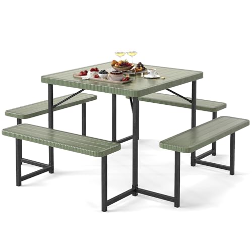 Giantex Picnic Table Bench Set for 4-8 People, 34" Outdoor Square Dining Table & 2 Benches w/Umbrella Hole, HDPE Tabletop, Metal Frame, Patio Camping Furniture for Backyard Porch Lawn (Green,Square) - color: Green, size: Square-34"x34"x30"