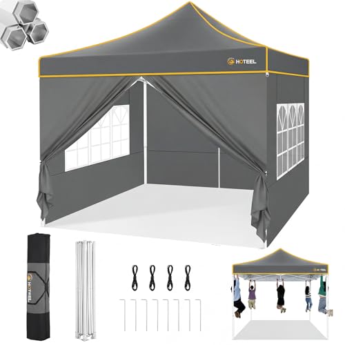 Hoteel 10x10 Pop Up Canopy Tent Heavy Duty with 4 Sidewalls, Waterproof Party Tent, Easy Set-up Commercial Instant Tents with Hand Bag & Rope & Nail, Hexagonal Leg (1-Year Warranty) - color: Gray, size: 10×10 （4 Walls）