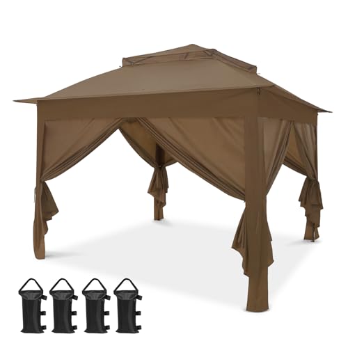 COOS BAY 11x11 Pop Up Gazebo with 4 Sidewalls, Instant Outdoor Canopy Tent with UPF 50+ UV Protection, Water Resistant Shelter with Carry Bag, Stakes & Ropes, Brown - color: Brown