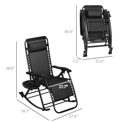 Outsunny Set of 2 Outdoor Rocking Chairs, Foldable Reclining Zero Gravity Lounge Rocker with Pillow, Cup & Phone Holder, Combo Design with Folding Legs, Black - color: Black, size: 2 Packs