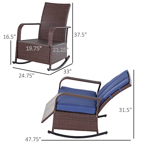 Outsunny Wicker Outdoor Rocking Chair, Patio Recliner with Adjustment Backrest, PE Rattan Lounge Chair with Adjustable Footrest and Cushions for Garden, Backyard, Porch, Blue - color: Blue
