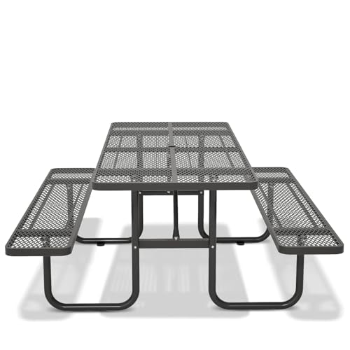72'' Rustic Metal Picnic Table for Outdoors, Heavy Duty Steel Patio Dining Set with Built-in Benches & Umbrella Hole, Easy Assembly Mesh Outdoor Furniture for Garden, Deck, Courtyard BBQ, Black - color: Black