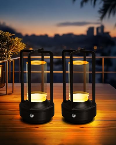 Set of 2 Cordless Table Lamps, LED Rechargeable Battery Operated Desk Lamps with 3 Color Stepless Dimmable, Small Light Portable for Outdoor Patio Bar Restaurants Bedroom Bedside (Black) - color: Black-2