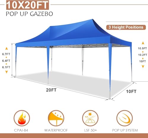 COBIZI 10x20 Pop Up Canopy with 6 Sidewalls,10x20 Canopy Tent Frame Upgraded with 3 Adjustable Heights,Waterproof UV50+ Outdoor Party Commercial Ez Up Gazebos with Carry Bag(10 x 20 ft Blue) - color: Blue, size: 10x20ft(With 6 Sidewalls)