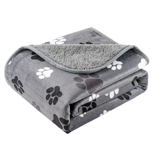 Waterproof Dog Blankets Pet Blanket, 30"x40" Cat Blanket for Indoor Cats, Soft Fluffy Sofa Car Bed Protector, Reversible Sherpa Fleece Puppy Blanket for Small Medium Dogs (Dark Grey-Paws) - color: Dark Grey-paws, size: 30"x40"